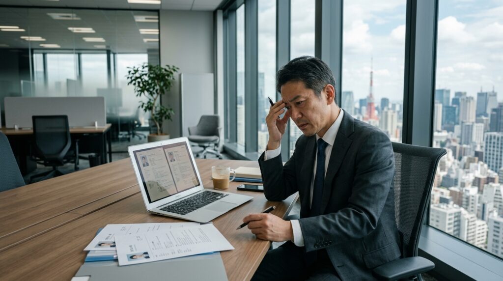 応募が集まらず悩む中小企業の経営者が採用資料を確認している様子