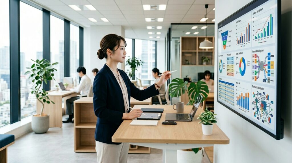 採用DXのためにデータ分析を行う人事担当者とデジタルダッシュボードのイメージ