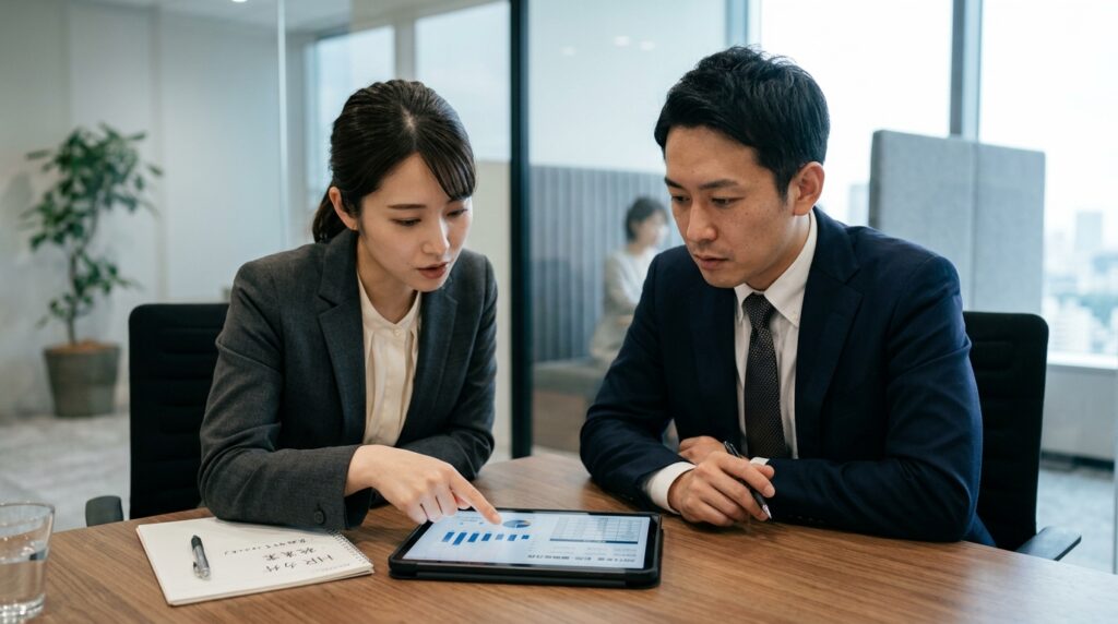 オフィスでタブレットを囲み、真剣な表情でAI面接の導入について話し合う男女の採用担当者