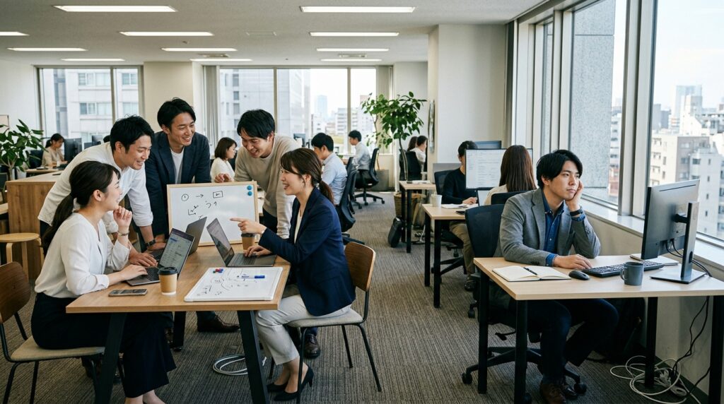 職場に馴染めず孤立している社員の様子と定着しない採用課題のイメージ