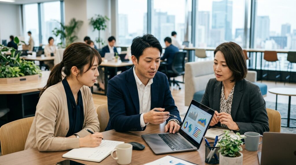 データを分析しながら採用施策を改善するビジネスチームの様子