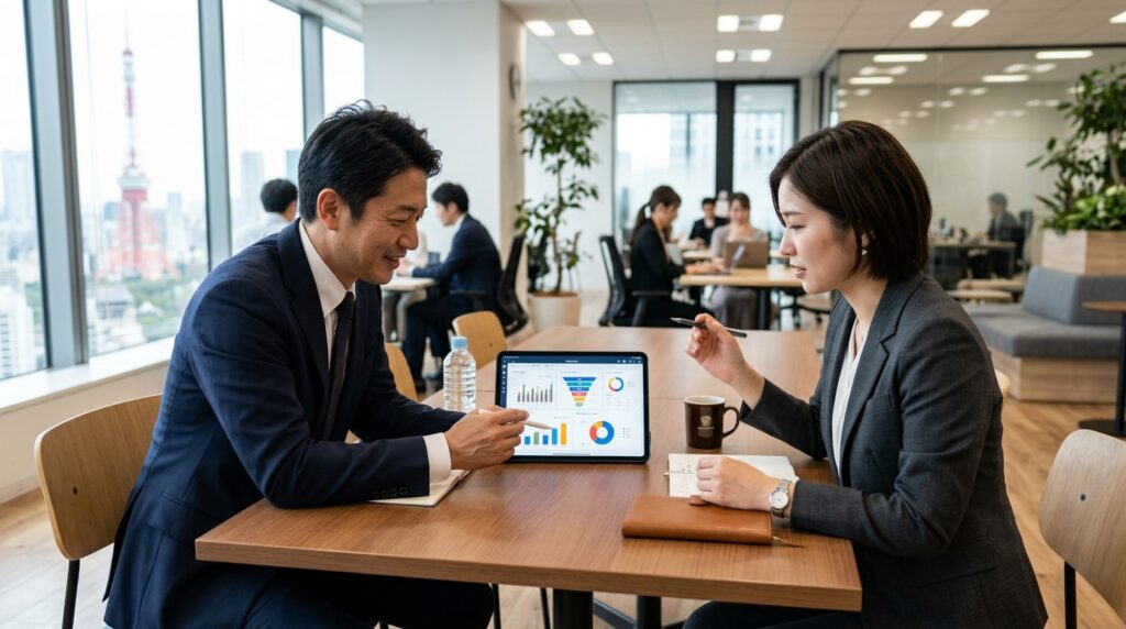 データをもとに採用戦略を話し合うビジネスパーソンの様子