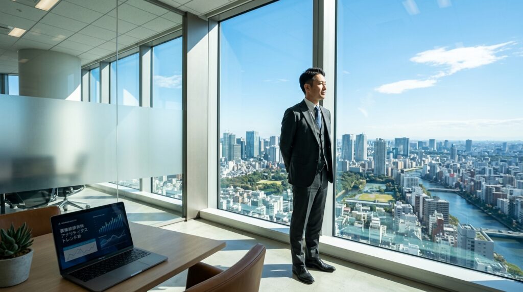 晴れやかな空を背景に、新しい一歩を踏み出すビジネスパーソンの後ろ姿。