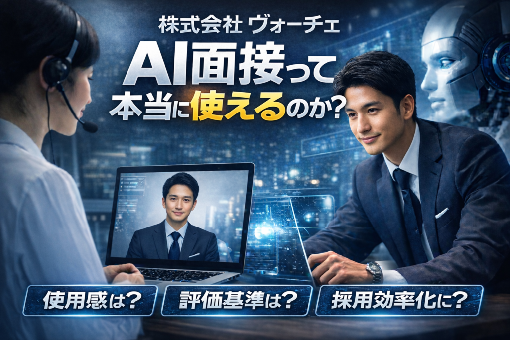 株式会社ヴォーチェのAI面接のイメージ画像。AIによる面接を受ける様子と、使用感・評価基準・採用効率化を示したビジュアル