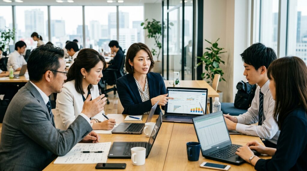 SEO分析とコンテンツ戦略を行うビジネスチームと採用ブランディングのイメージ