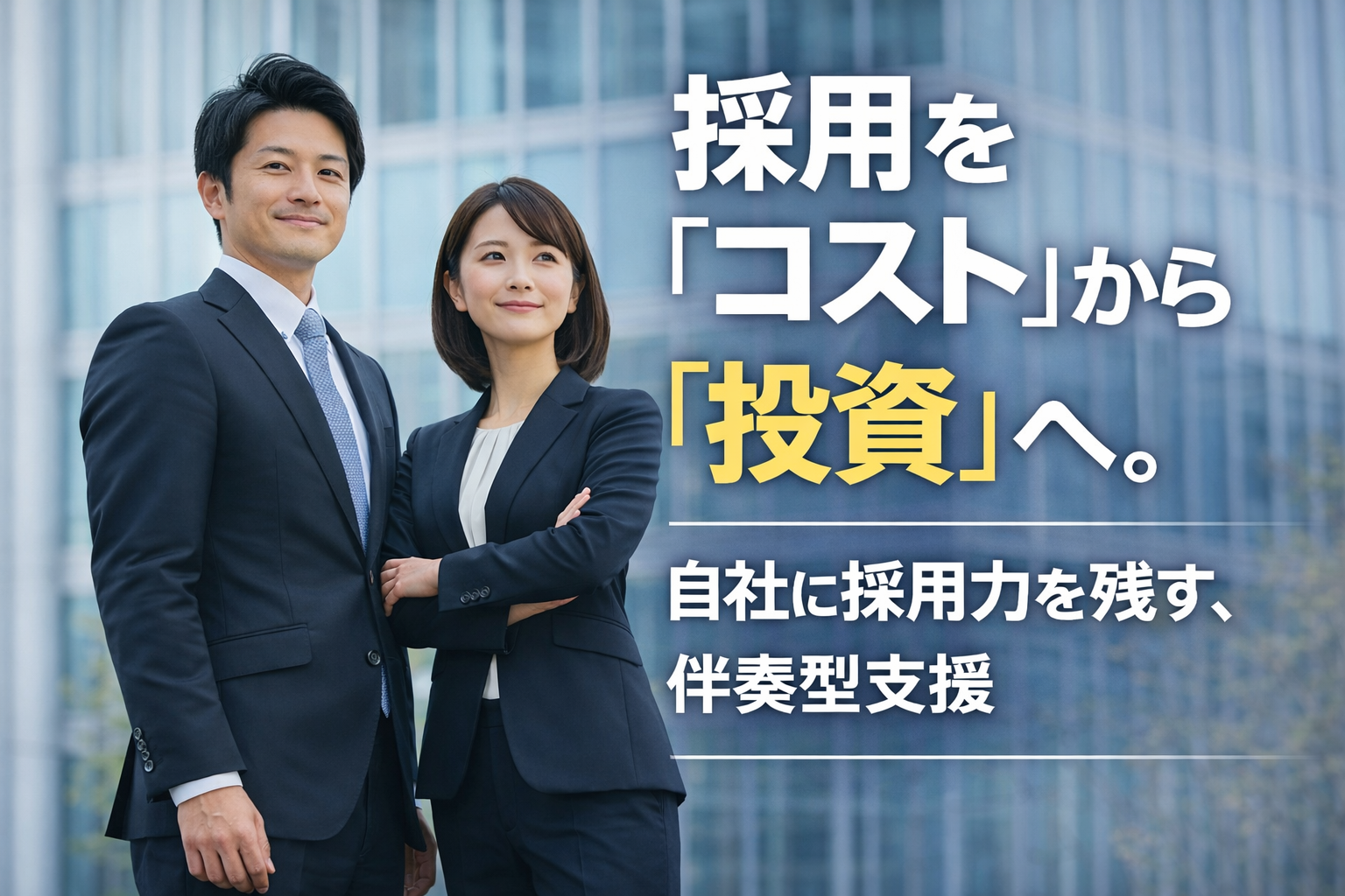 オフィスビル前に立つ30代〜40代の日本人ビジネスパーソン。採用をコストではなく投資として捉え、伴奏型支援による採用力強化をイメージした写真