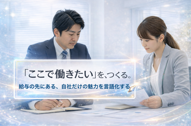 清潔感のあるオフィスで書類を確認する男女のビジネスパーソンと「ここで働きたいをつくる」という採用メッセージのビジュアル