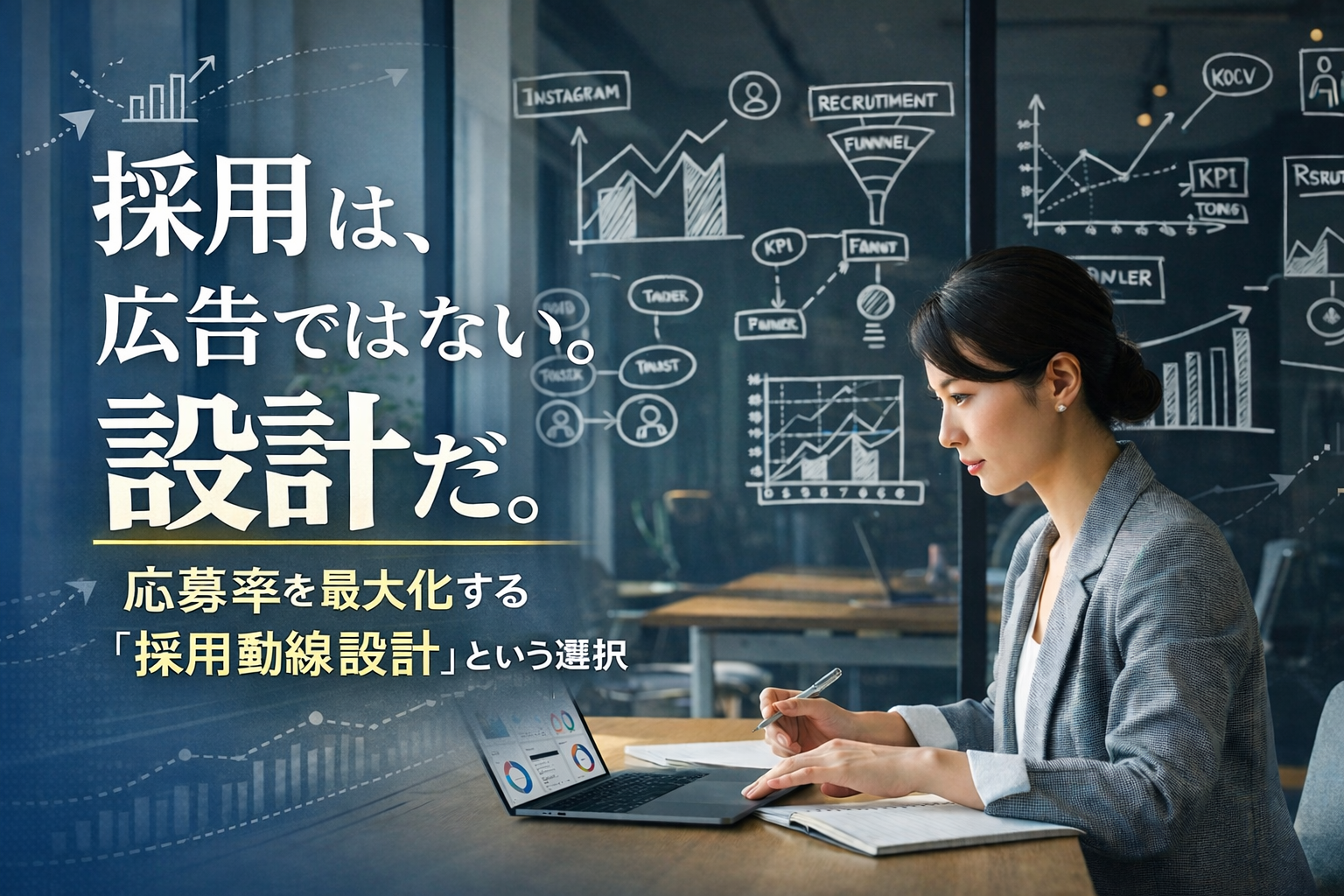 採用動線設計をテーマに、オフィスで戦略分析を行うビジネス女性と「採用は広告ではない。設計だ。」のコピーを配置したアイキャッチ画像
