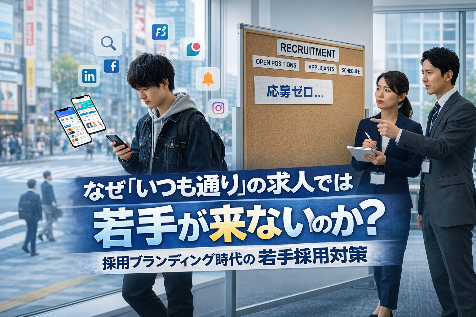スマートフォンで情報収集する若手男性と応募が来ず悩む採用担当者を対比し、若手採用の難しさと採用手法の変化を表現した画像