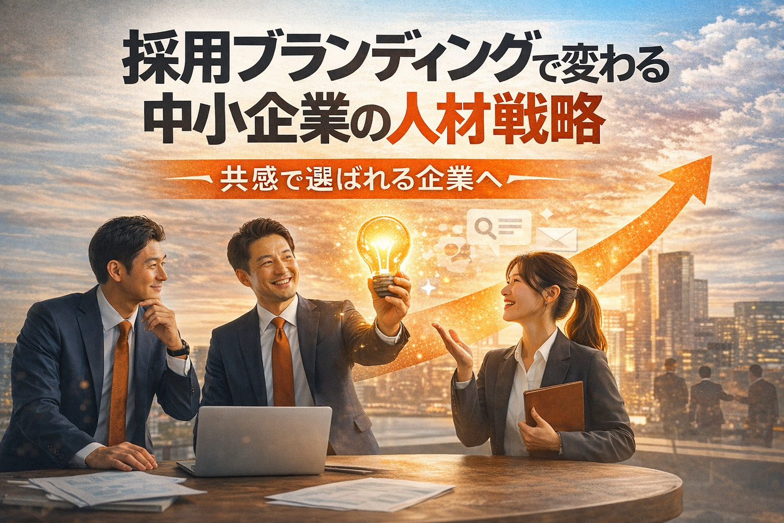 採用ブランディングに取り組む中小企業のビジネスシーン。理念共感を軸に人材戦略を見直し、応募数増加や定着率向上を目指す様子